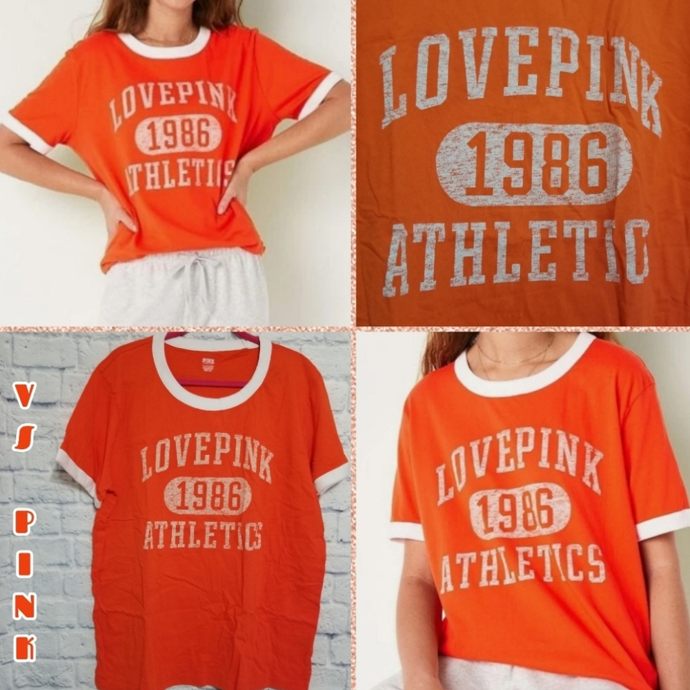 PINK Victoria's Secret Campus Short Sleeve Ringer Tee Logo Orange Shirt New XL